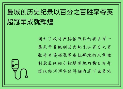 曼城创历史纪录以百分之百胜率夺英超冠军成就辉煌
